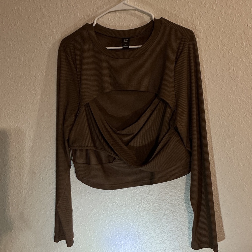 Brown Long Sleeve Twist Front Top